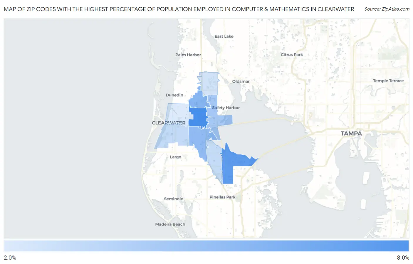 Zip Codes with the Highest Percentage of Population Employed in Computer & Mathematics in Clearwater Map
