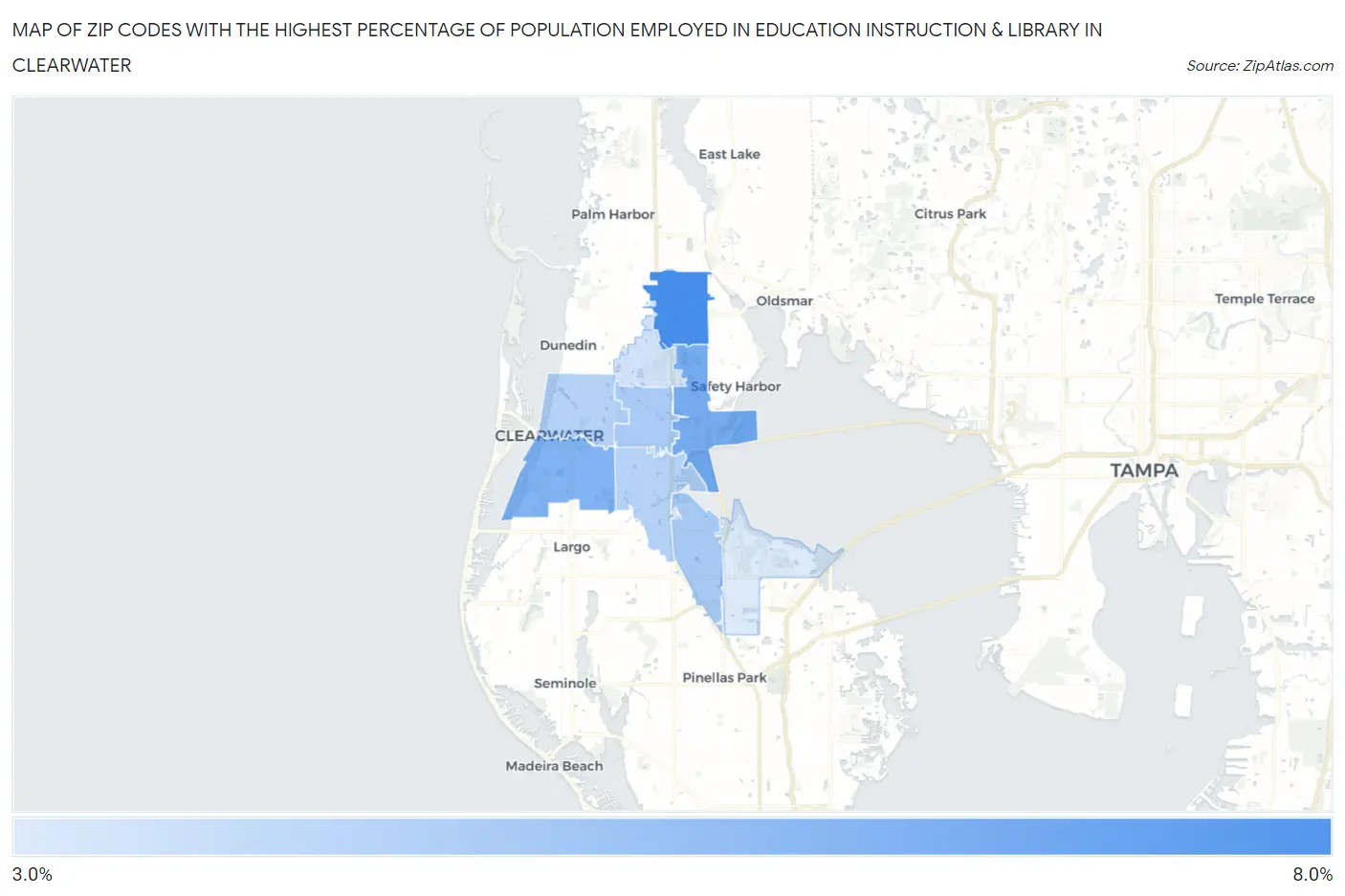 Zip Codes with the Highest Percentage of Population Employed in Education Instruction & Library in Clearwater Map