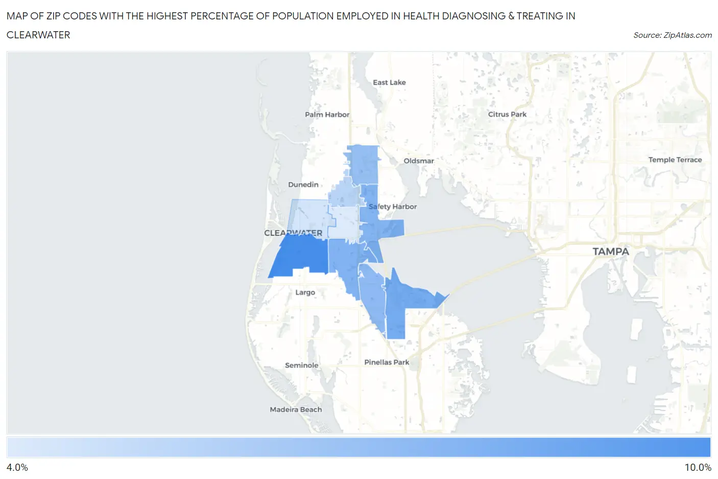 Zip Codes with the Highest Percentage of Population Employed in Health Diagnosing & Treating in Clearwater Map