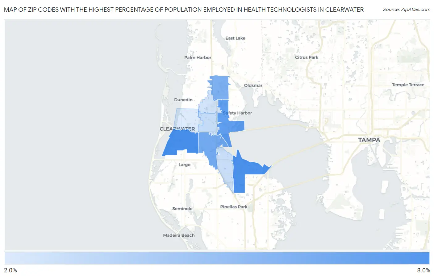 Zip Codes with the Highest Percentage of Population Employed in Health Technologists in Clearwater Map