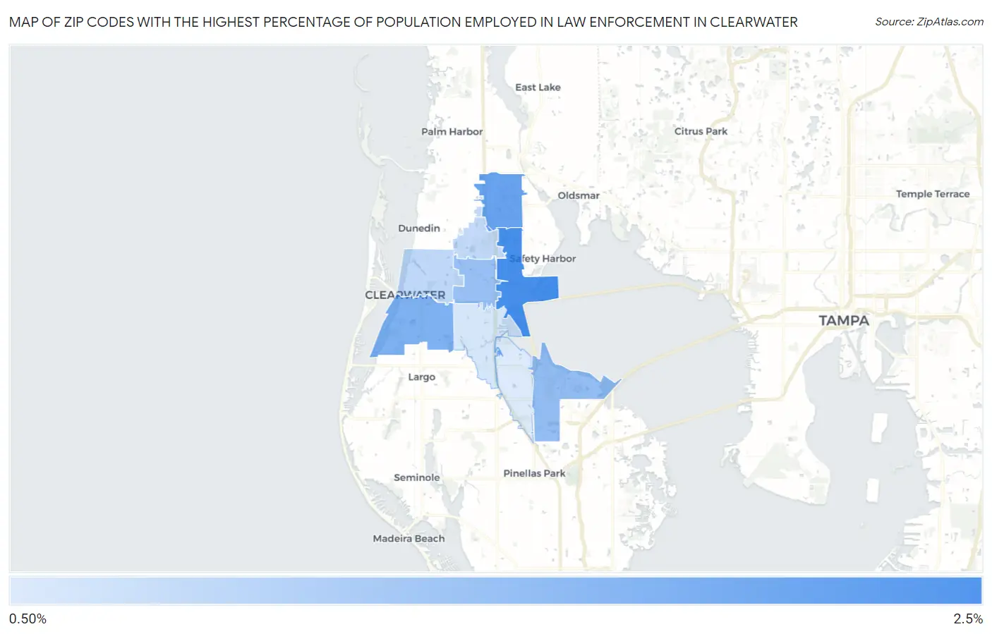 Zip Codes with the Highest Percentage of Population Employed in Law Enforcement in Clearwater Map