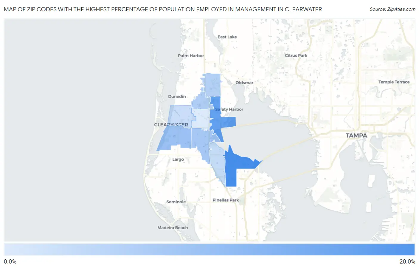 Zip Codes with the Highest Percentage of Population Employed in Management in Clearwater Map