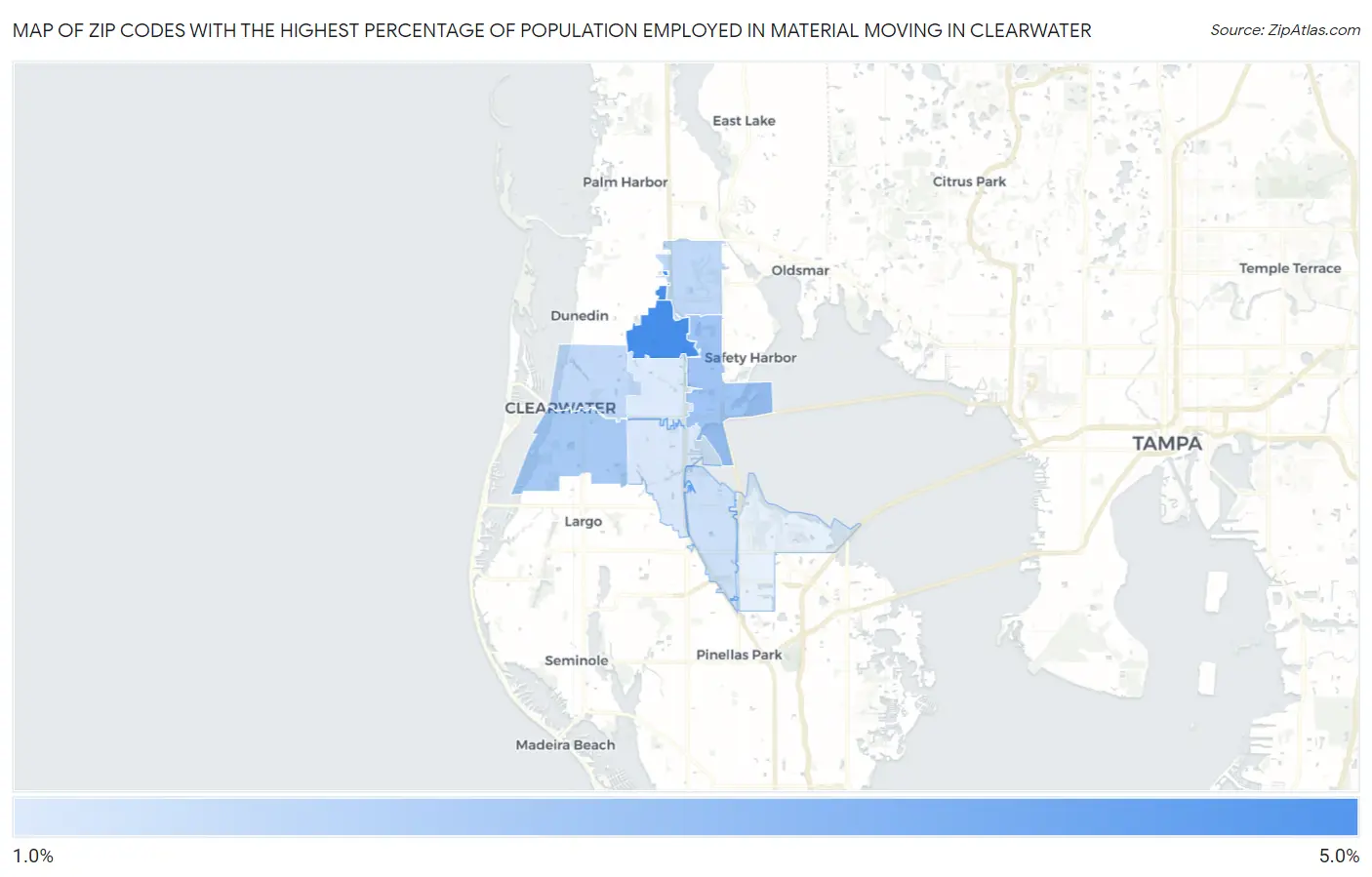 Zip Codes with the Highest Percentage of Population Employed in Material Moving in Clearwater Map