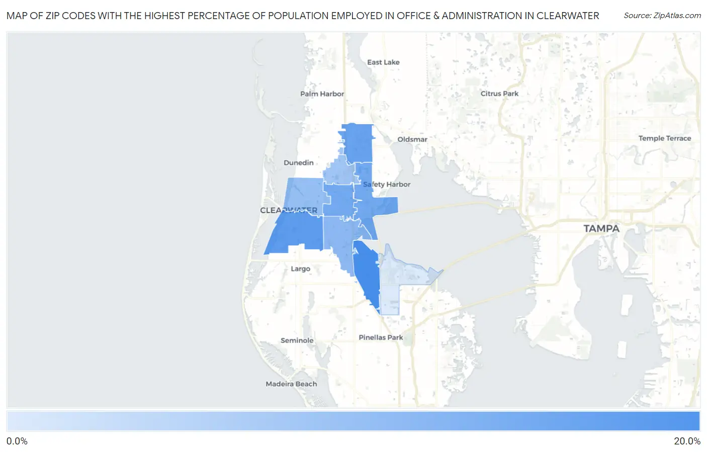 Zip Codes with the Highest Percentage of Population Employed in Office & Administration in Clearwater Map