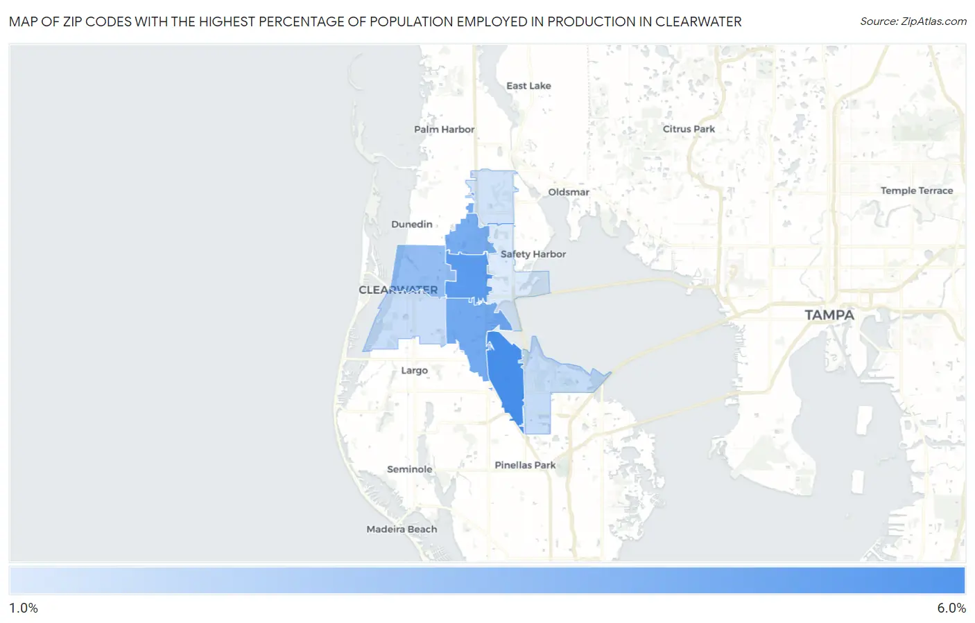 Zip Codes with the Highest Percentage of Population Employed in Production in Clearwater Map