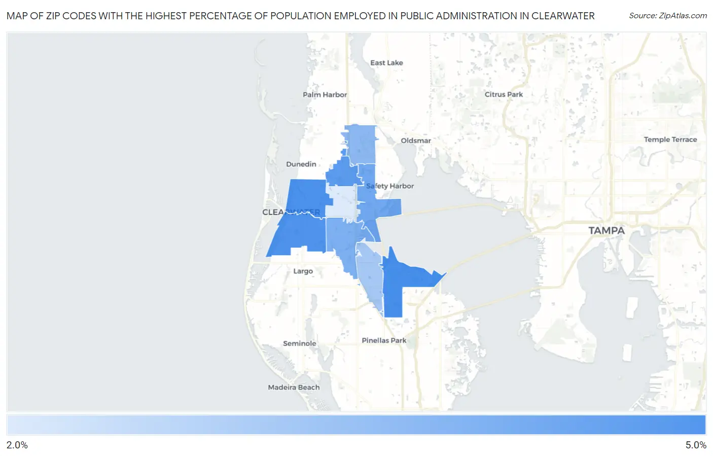 Zip Codes with the Highest Percentage of Population Employed in Public Administration in Clearwater Map