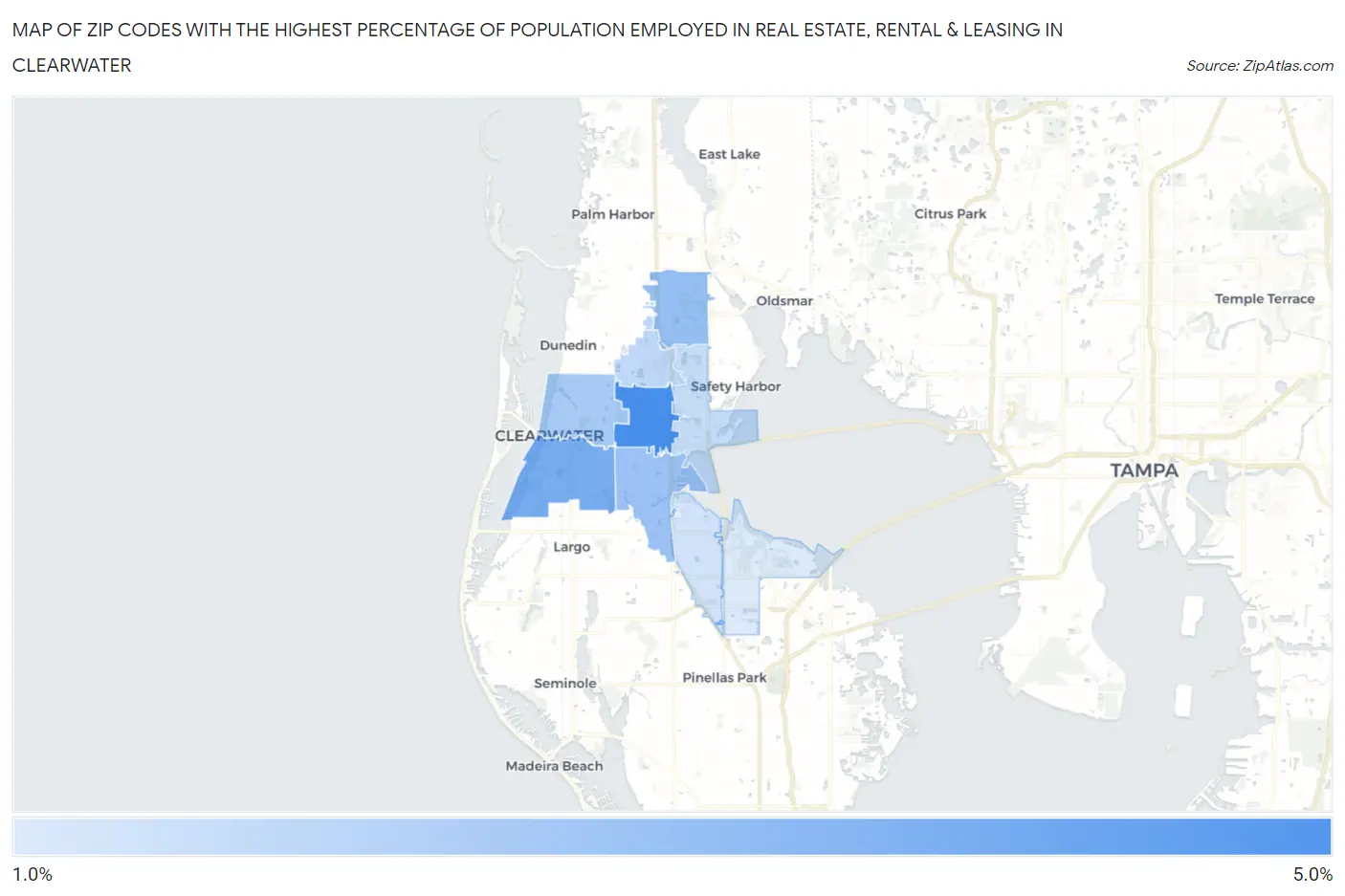 Zip Codes with the Highest Percentage of Population Employed in Real Estate, Rental & Leasing in Clearwater Map