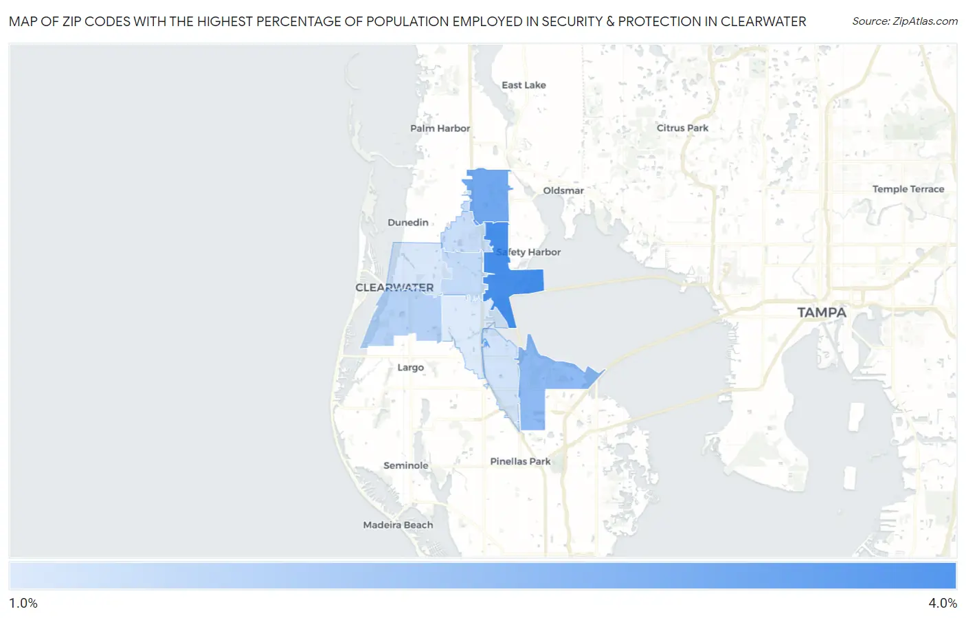 Zip Codes with the Highest Percentage of Population Employed in Security & Protection in Clearwater Map