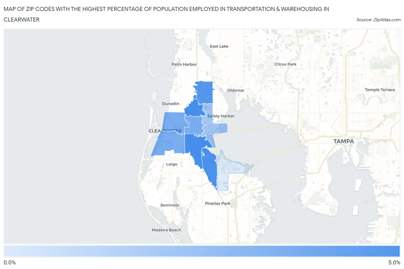 Zip Codes with the Highest Percentage of Population Employed in Transportation & Warehousing in Clearwater Map