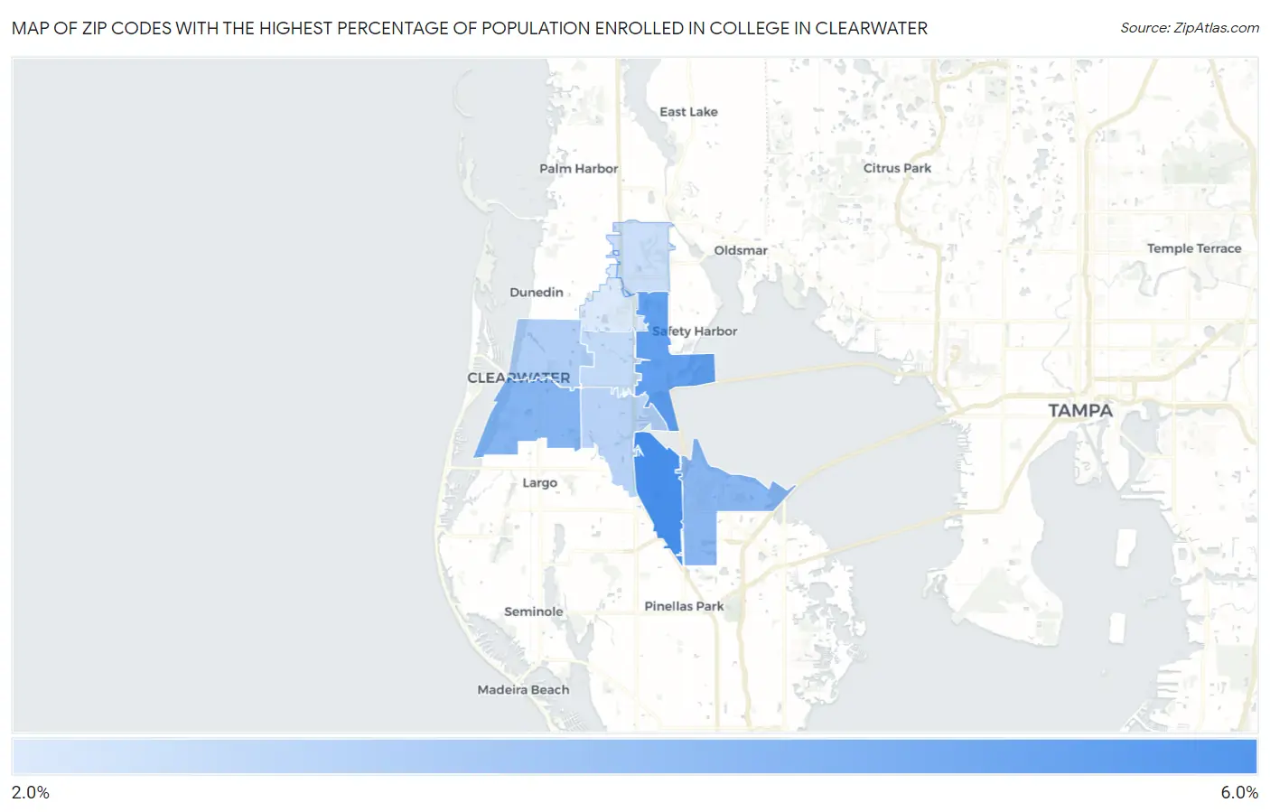 Zip Codes with the Highest Percentage of Population Enrolled in College in Clearwater Map