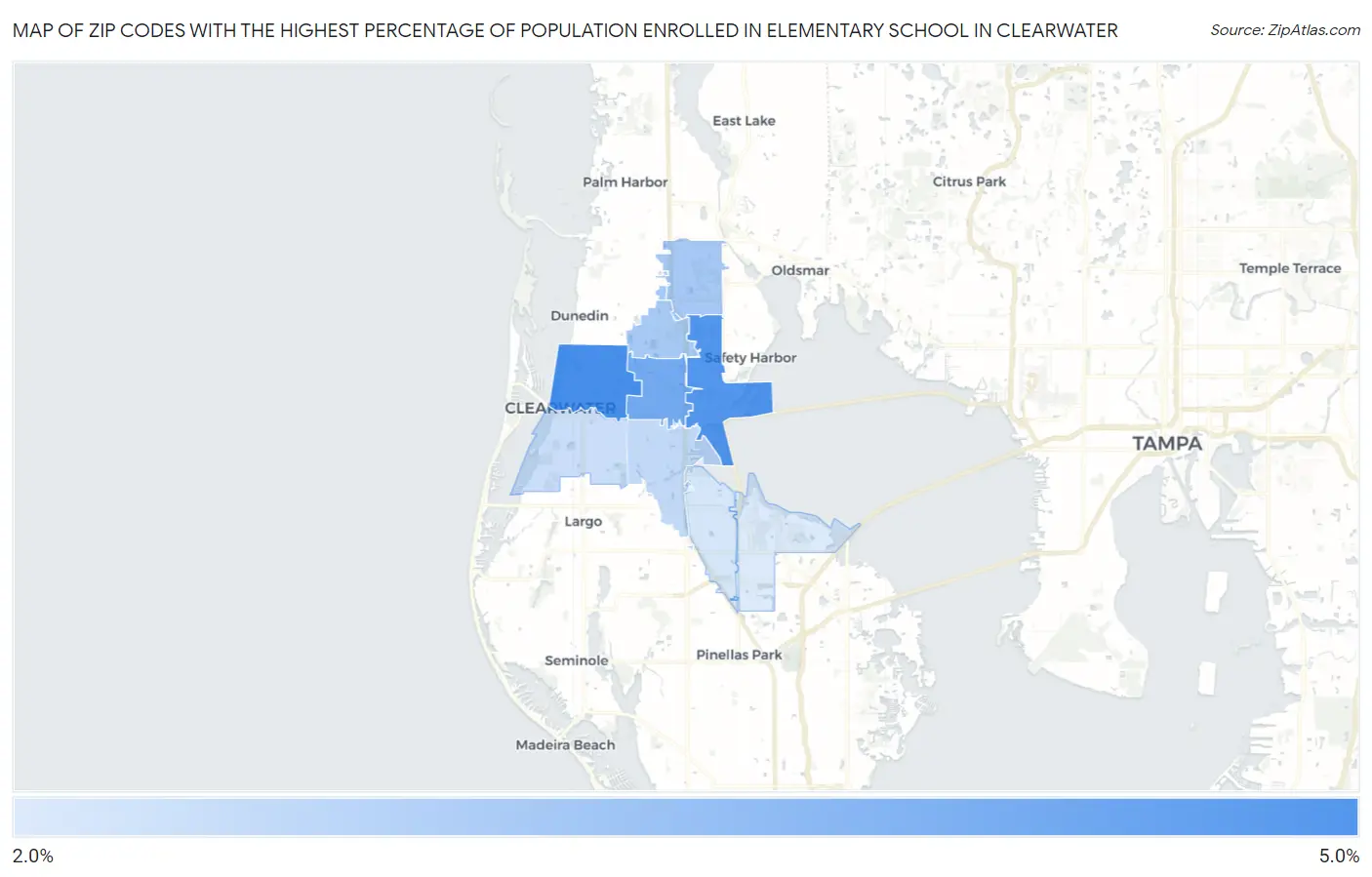 Zip Codes with the Highest Percentage of Population Enrolled in Elementary School in Clearwater Map