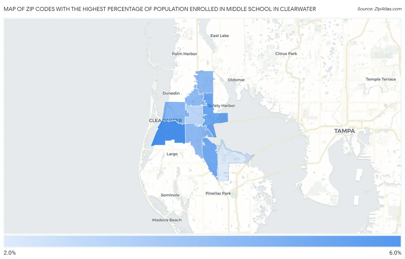 Zip Codes with the Highest Percentage of Population Enrolled in Middle School in Clearwater Map