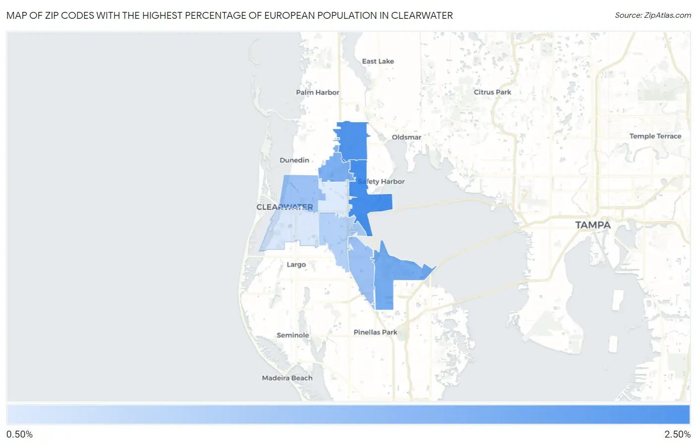 Zip Codes with the Highest Percentage of European Population in Clearwater Map