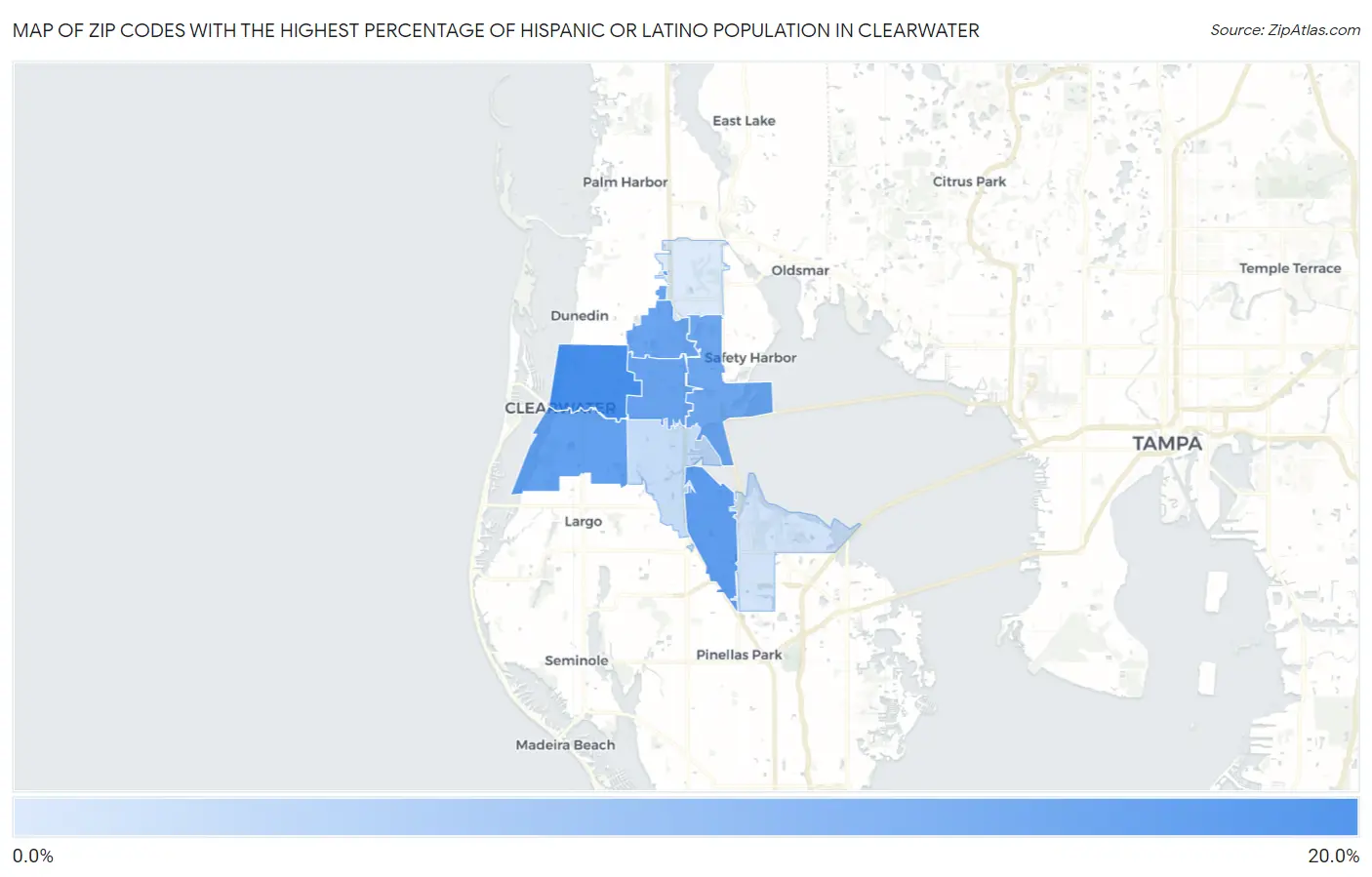 Zip Codes with the Highest Percentage of Hispanic or Latino Population in Clearwater Map