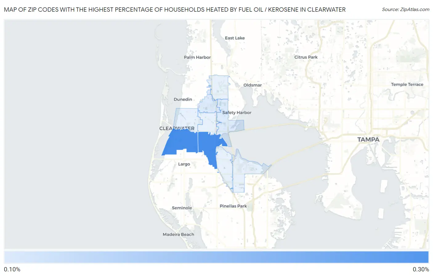 Zip Codes with the Highest Percentage of Households Heated by Fuel Oil / Kerosene in Clearwater Map