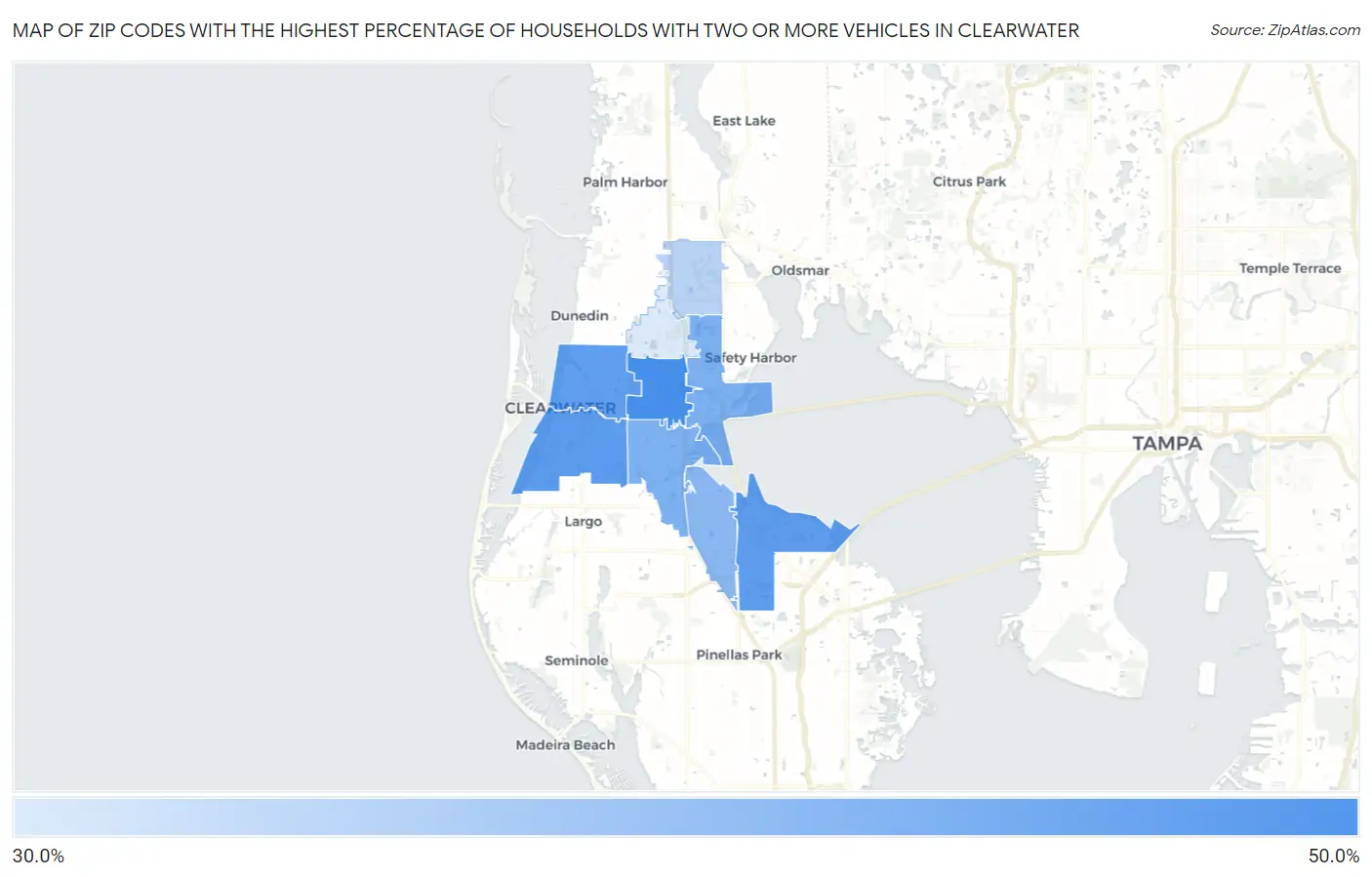 Zip Codes with the Highest Percentage of Households With Two or more Vehicles in Clearwater Map