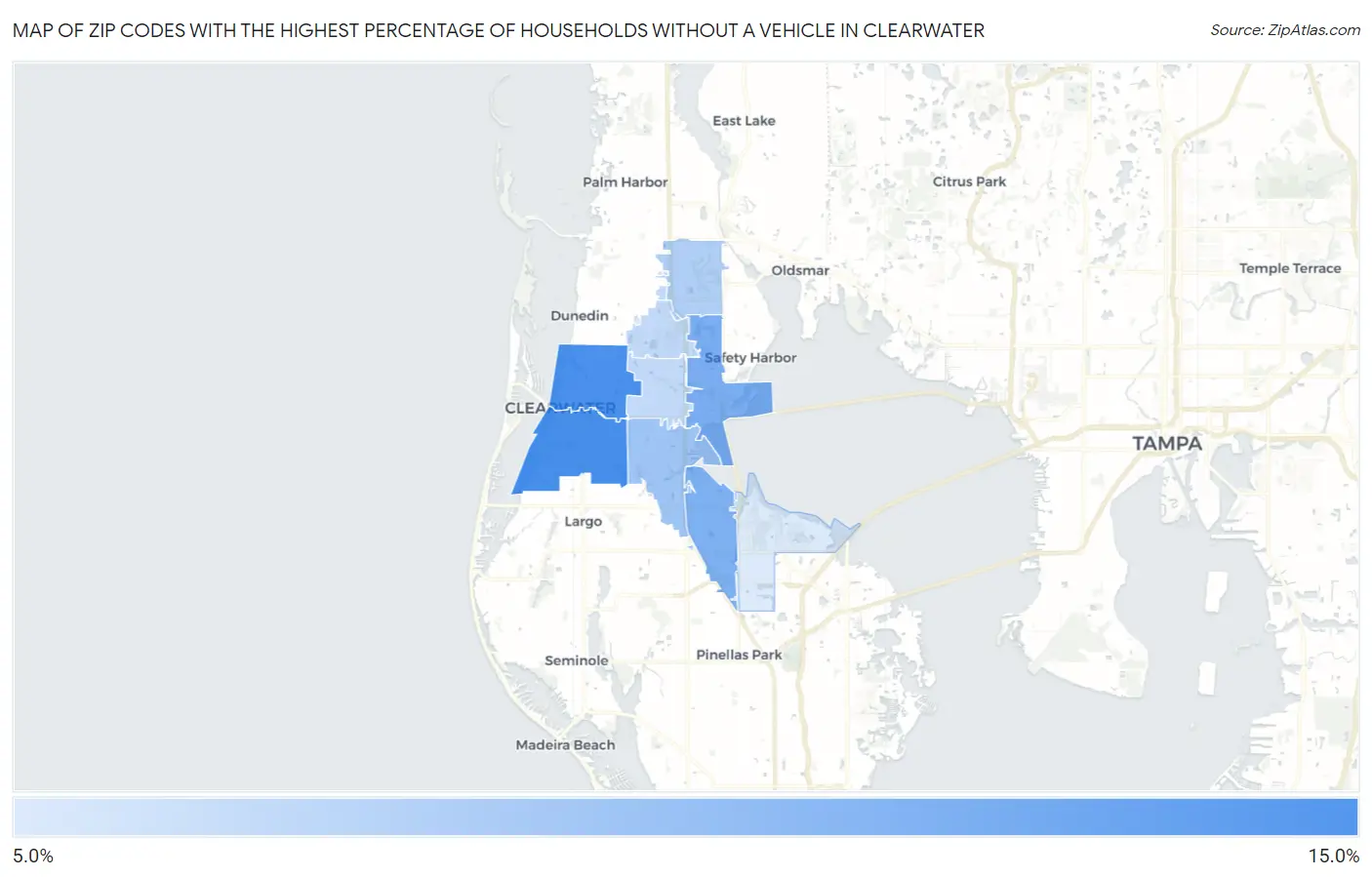 Zip Codes with the Highest Percentage of Households Without a Vehicle in Clearwater Map