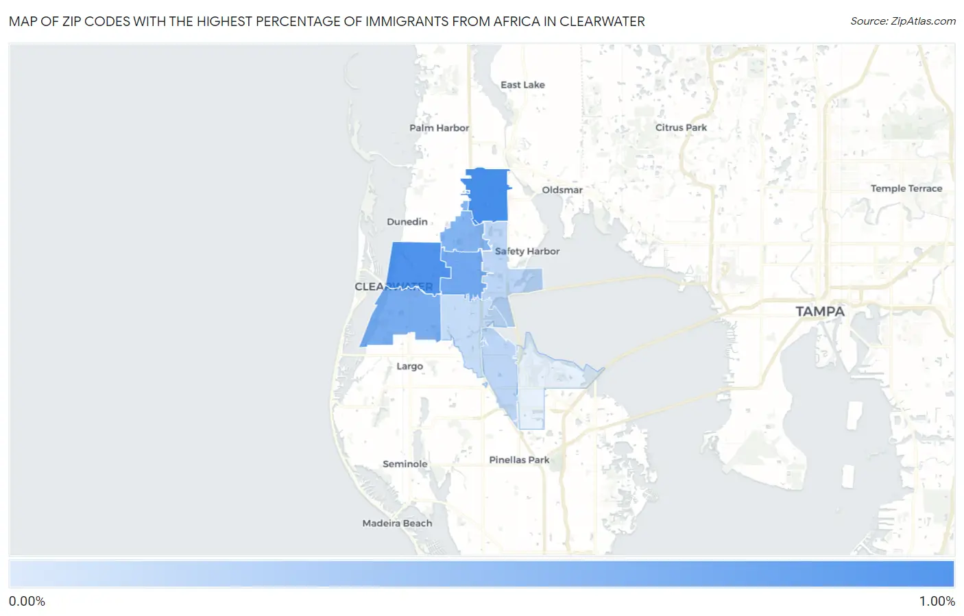 Zip Codes with the Highest Percentage of Immigrants from Africa in Clearwater Map