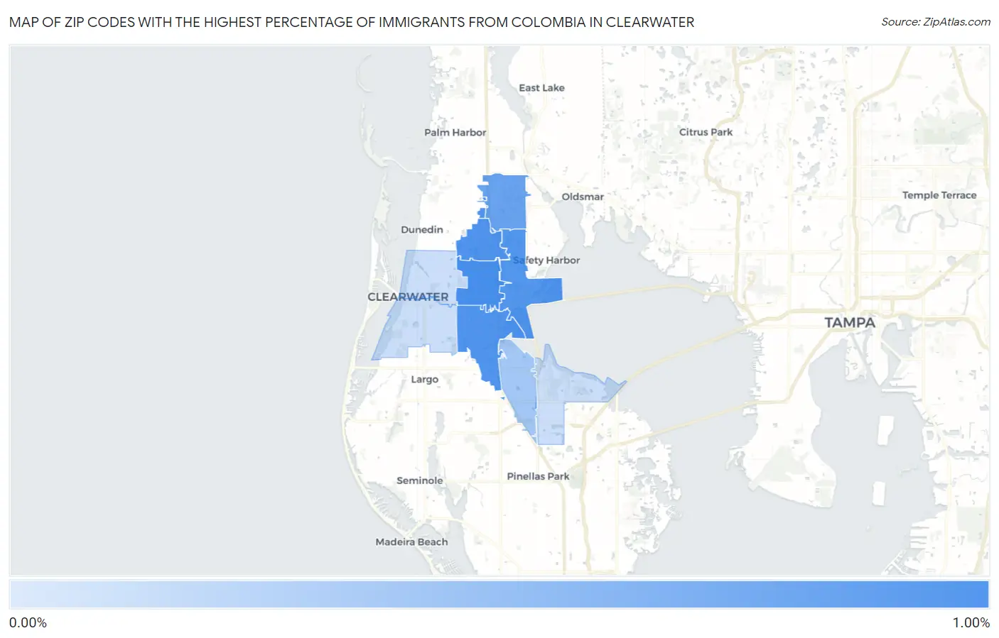 Zip Codes with the Highest Percentage of Immigrants from Colombia in Clearwater Map