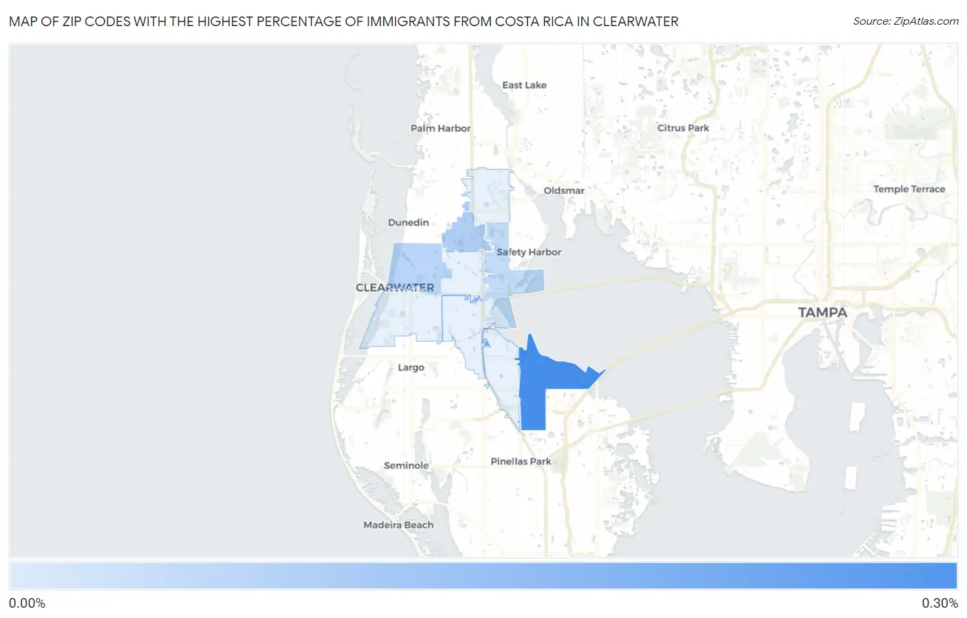 Zip Codes with the Highest Percentage of Immigrants from Costa Rica in Clearwater Map