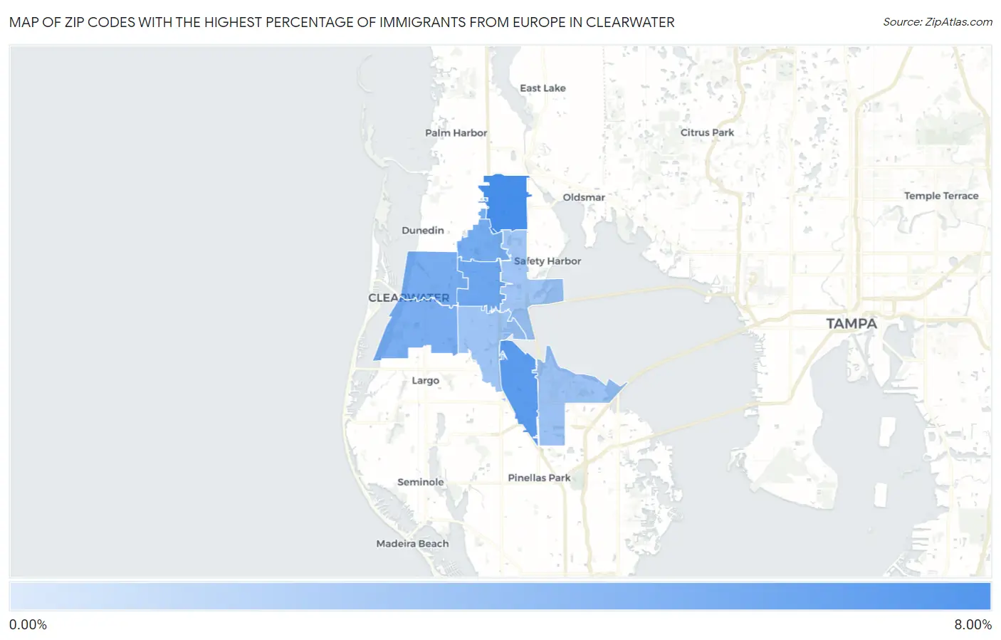 Zip Codes with the Highest Percentage of Immigrants from Europe in Clearwater Map