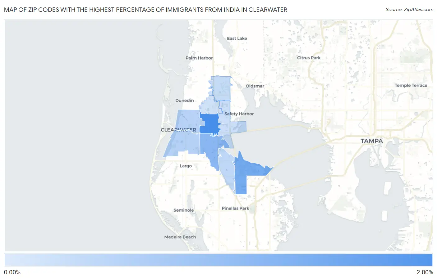 Zip Codes with the Highest Percentage of Immigrants from India in Clearwater Map