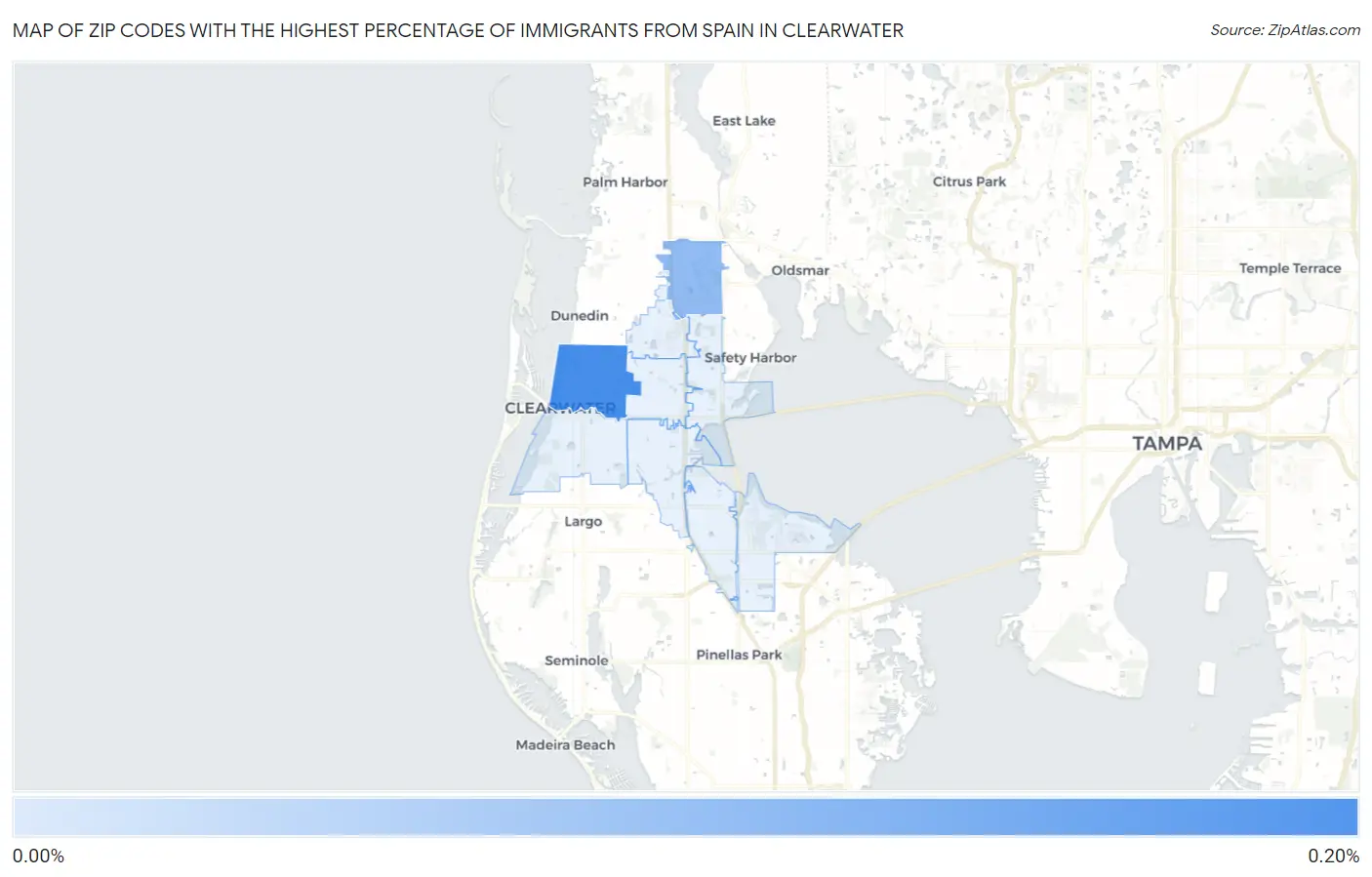 Zip Codes with the Highest Percentage of Immigrants from Spain in Clearwater Map