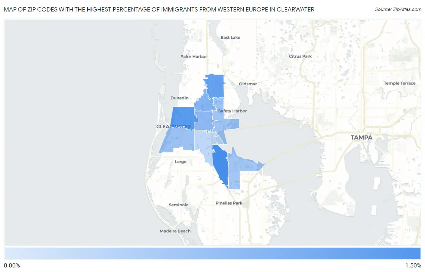 Zip Codes with the Highest Percentage of Immigrants from Western Europe in Clearwater Map