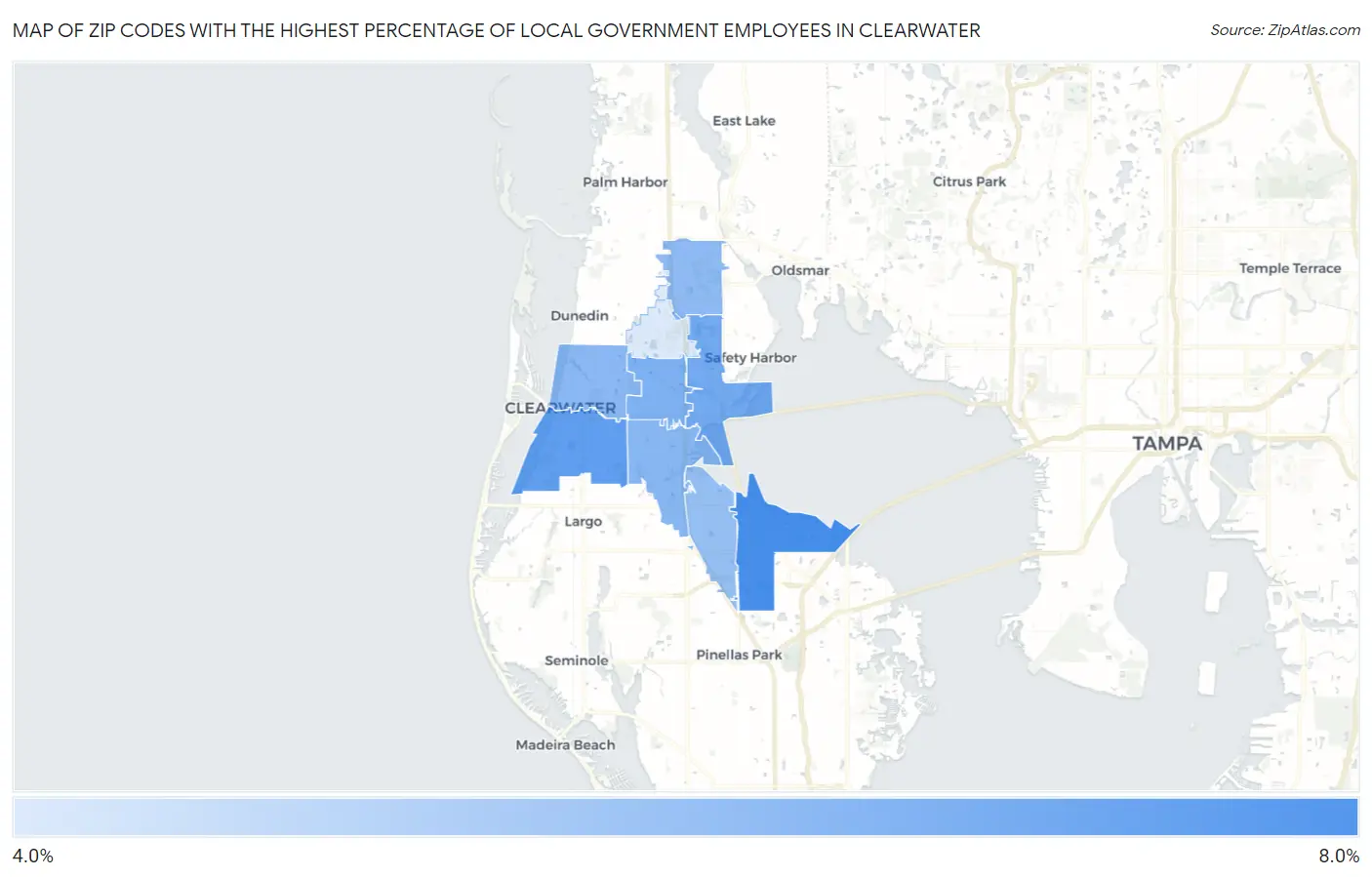Zip Codes with the Highest Percentage of Local Government Employees in Clearwater Map