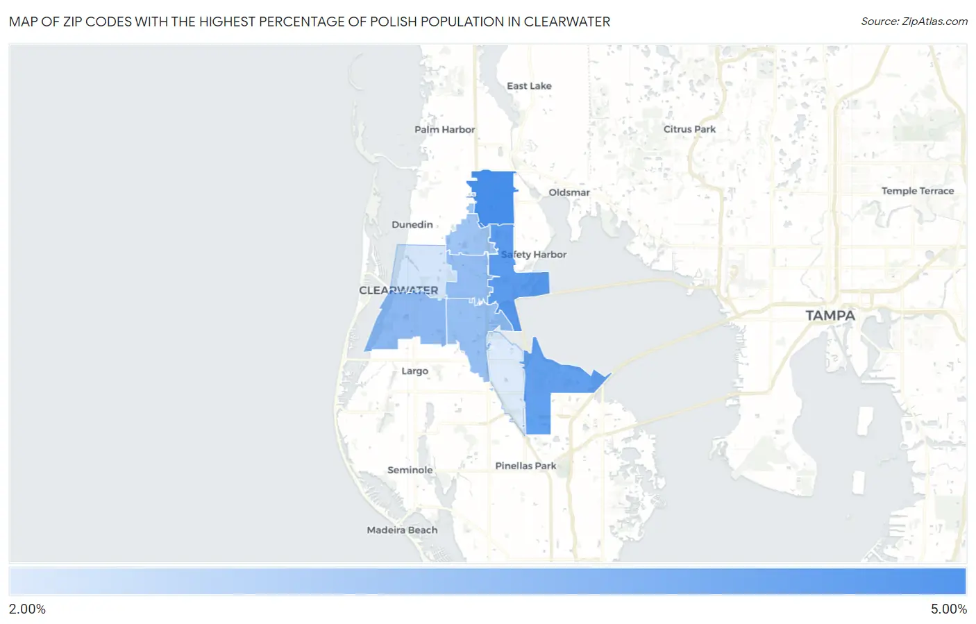 Zip Codes with the Highest Percentage of Polish Population in Clearwater Map