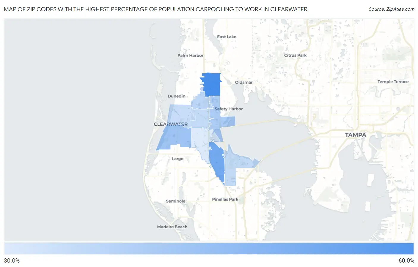 Zip Codes with the Highest Percentage of Population Carpooling to Work in Clearwater Map
