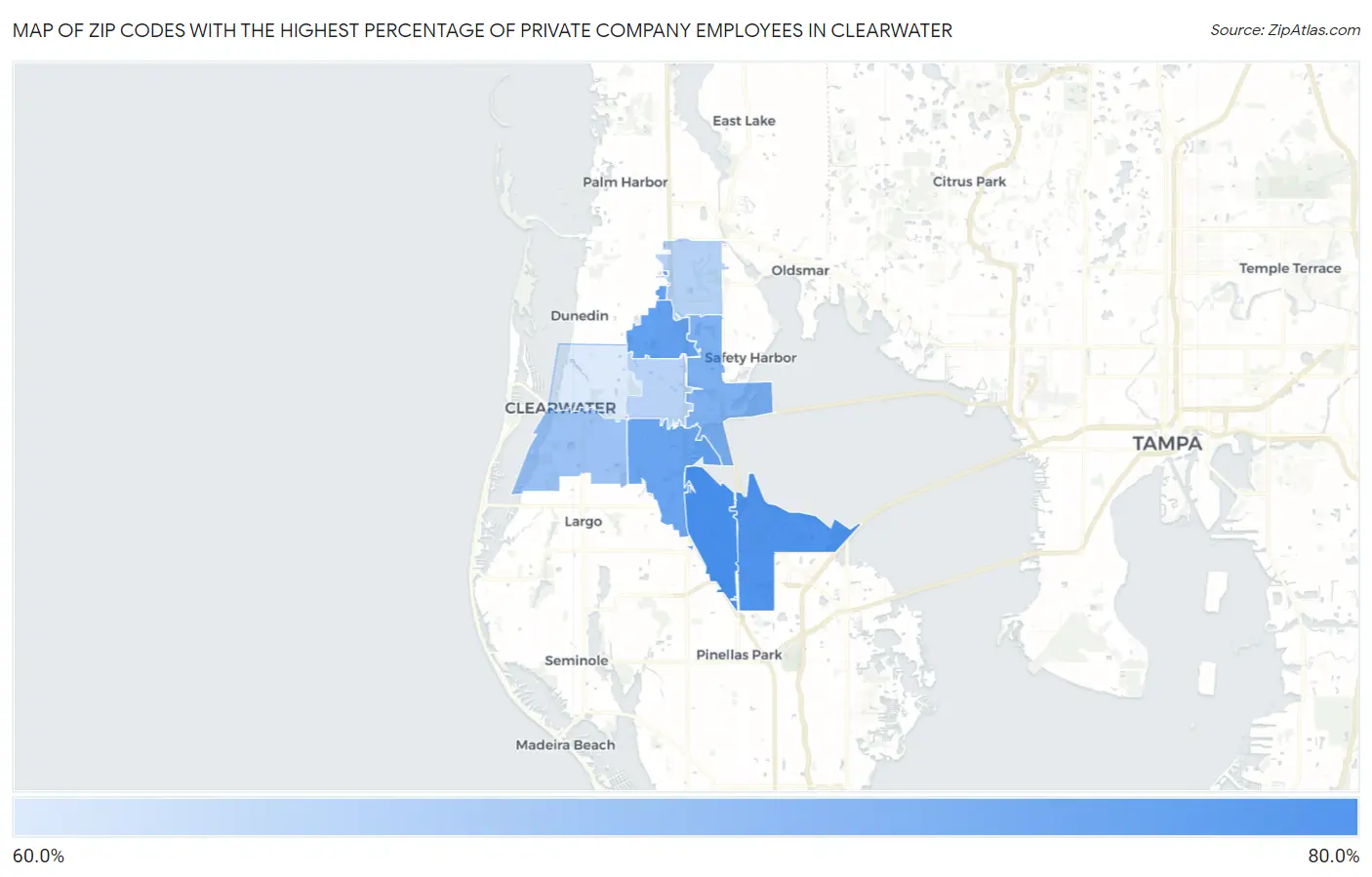 Zip Codes with the Highest Percentage of Private Company Employees in Clearwater Map