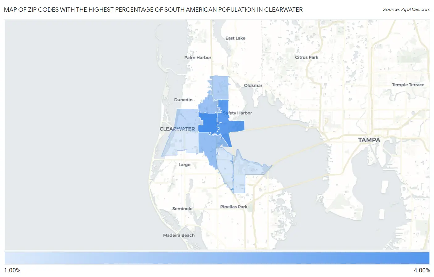 Zip Codes with the Highest Percentage of South American Population in Clearwater Map