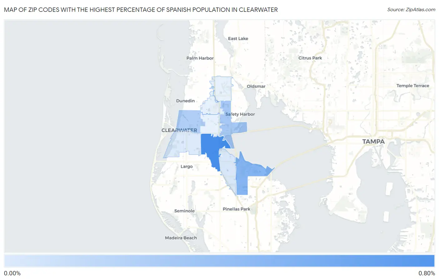 Zip Codes with the Highest Percentage of Spanish Population in Clearwater Map