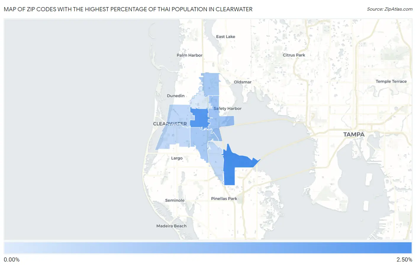 Zip Codes with the Highest Percentage of Thai Population in Clearwater Map