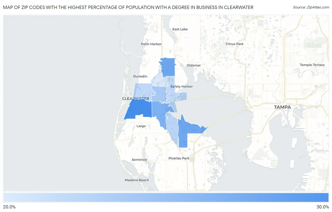 Zip Codes with the Highest Percentage of Population with a Degree in Business in Clearwater Map