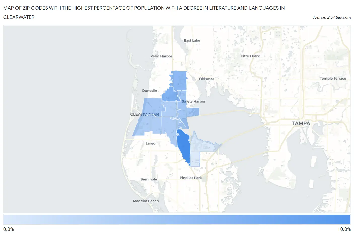 Zip Codes with the Highest Percentage of Population with a Degree in Literature and Languages in Clearwater Map