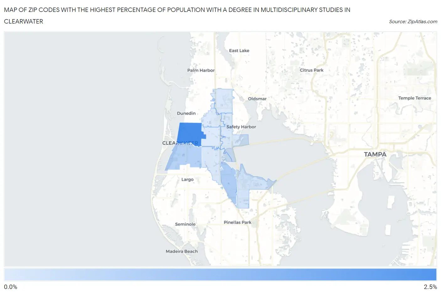 Zip Codes with the Highest Percentage of Population with a Degree in Multidisciplinary Studies in Clearwater Map