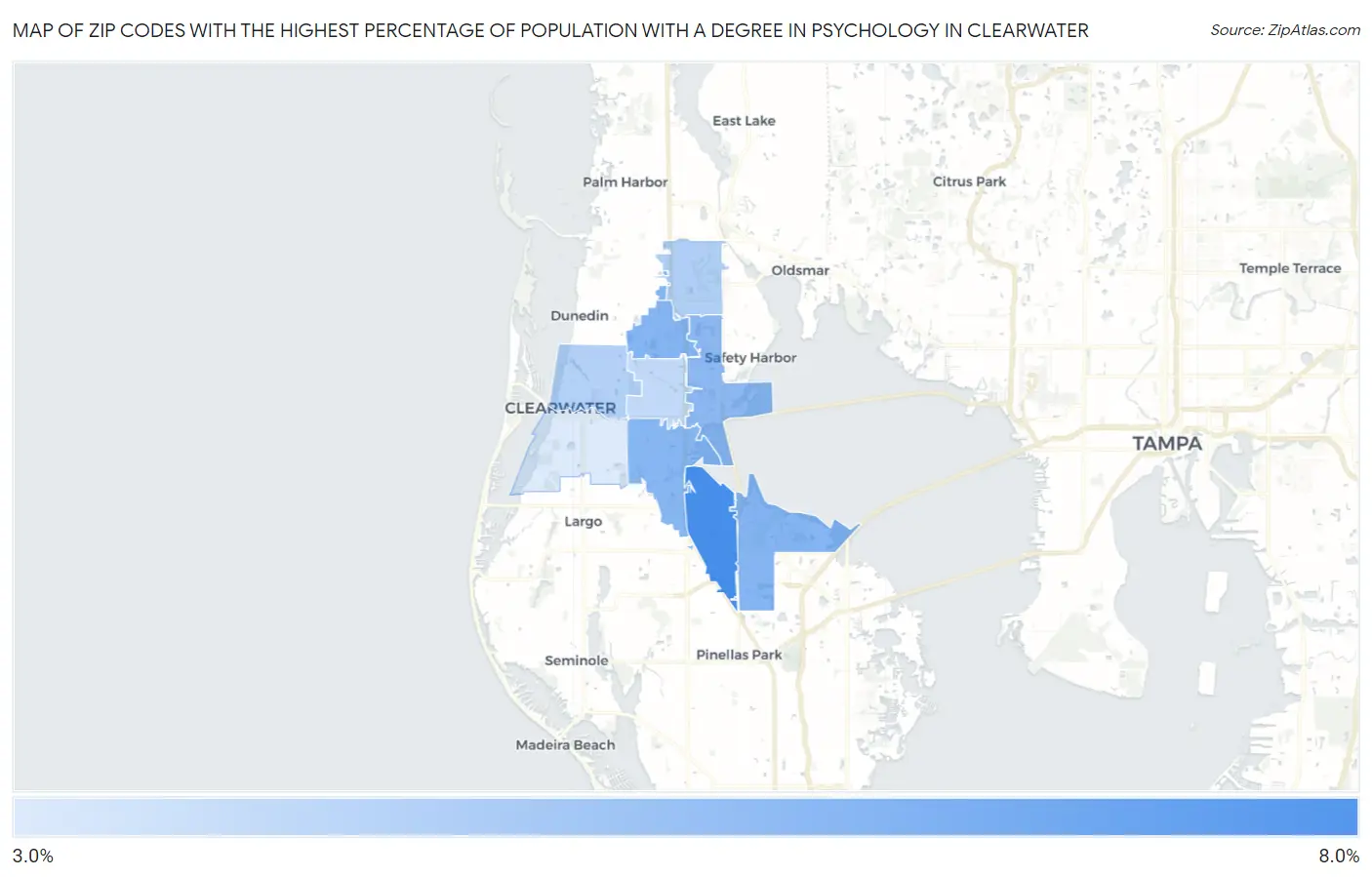 Zip Codes with the Highest Percentage of Population with a Degree in Psychology in Clearwater Map