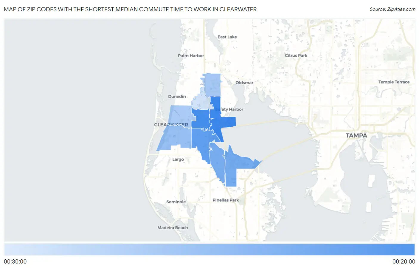 Zip Codes with the Shortest Median Commute Time to Work in Clearwater Map