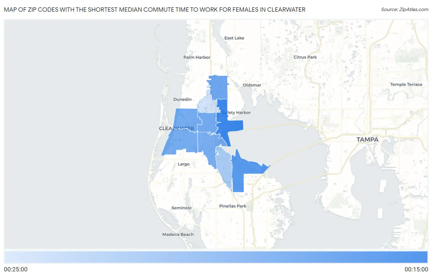 Zip Codes with the Shortest Median Commute Time to Work for Females in Clearwater Map
