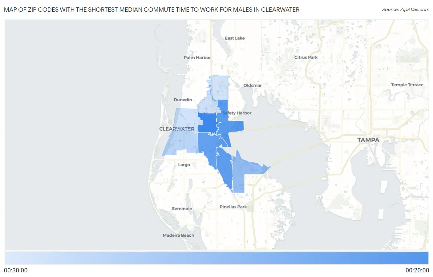 Zip Codes with the Shortest Median Commute Time to Work for Males in Clearwater Map