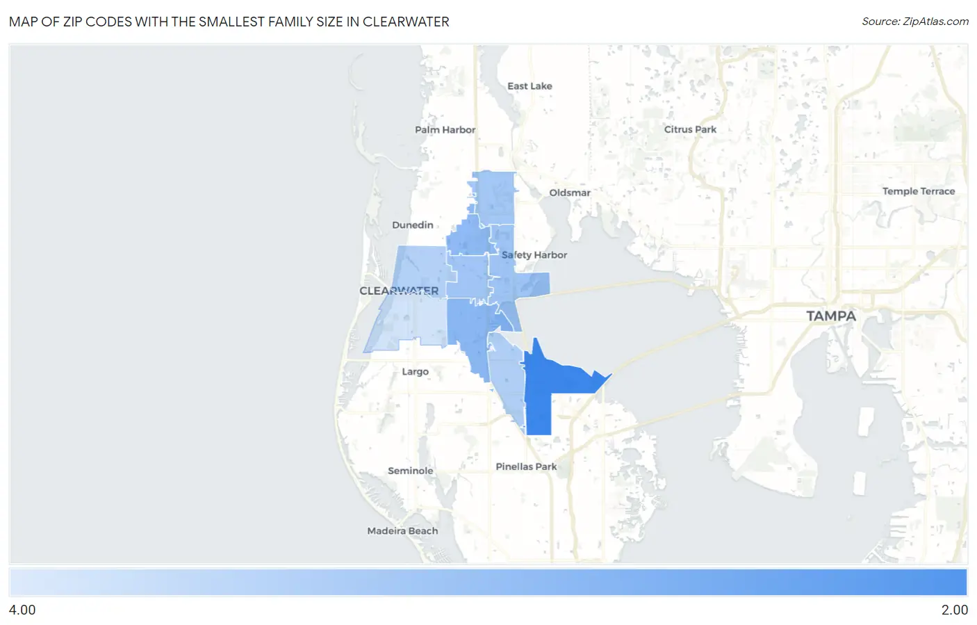 Zip Codes with the Smallest Family Size in Clearwater Map