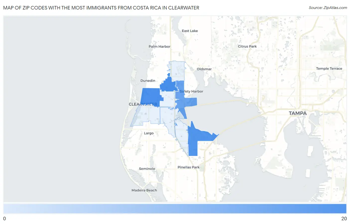 Zip Codes with the Most Immigrants from Costa Rica in Clearwater Map