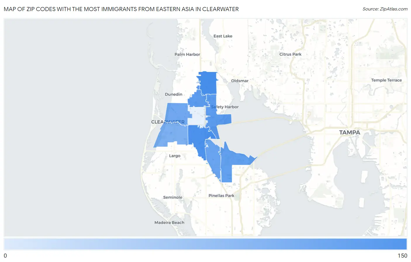 Zip Codes with the Most Immigrants from Eastern Asia in Clearwater Map