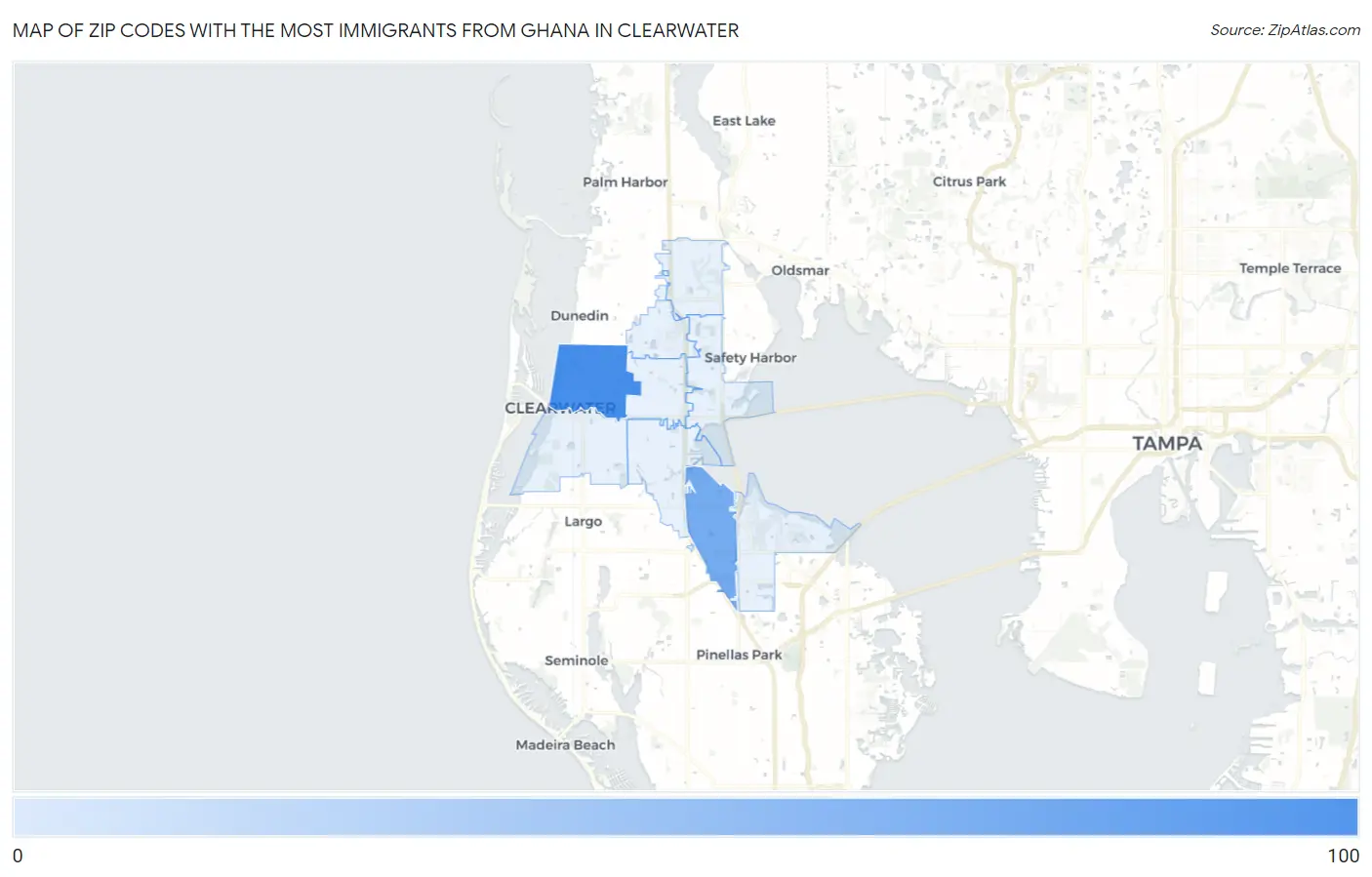 Zip Codes with the Most Immigrants from Ghana in Clearwater Map