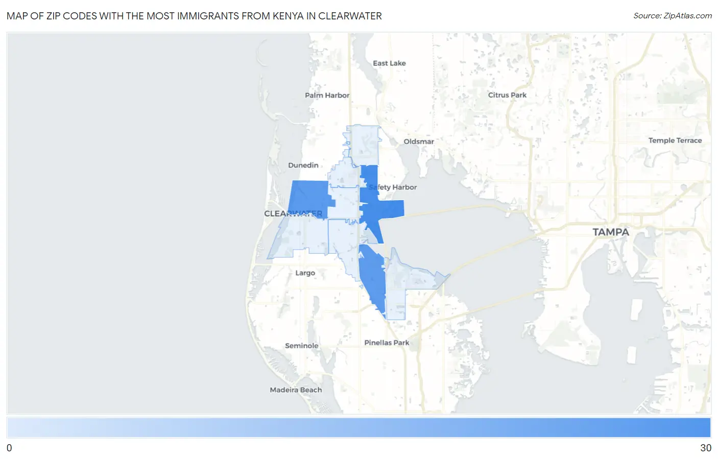 Zip Codes with the Most Immigrants from Kenya in Clearwater Map