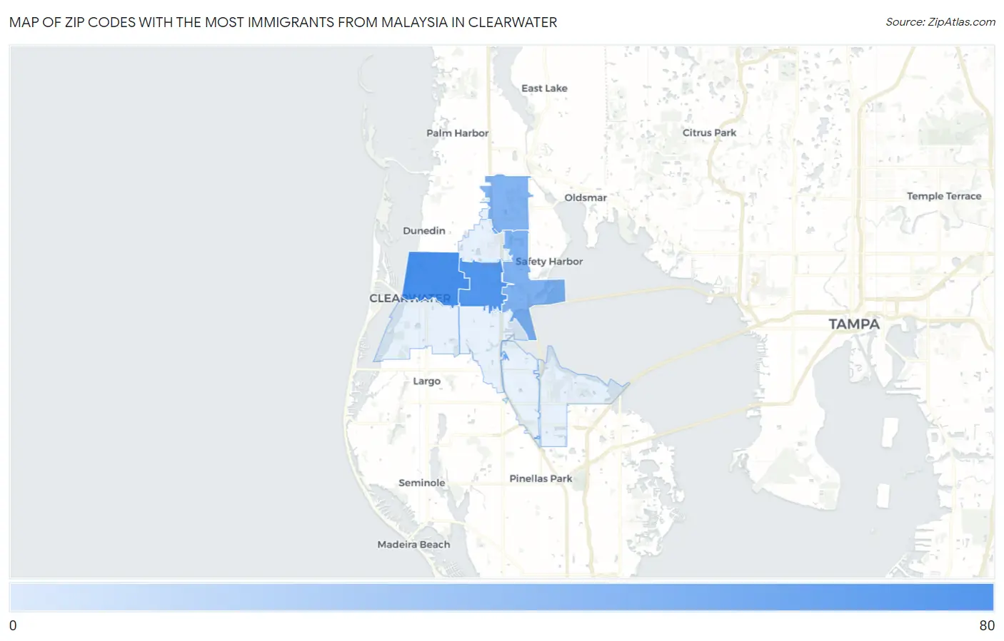 Zip Codes with the Most Immigrants from Malaysia in Clearwater Map