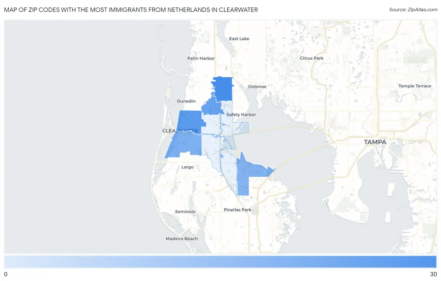 Zip Codes with the Most Immigrants from Netherlands in Clearwater Map