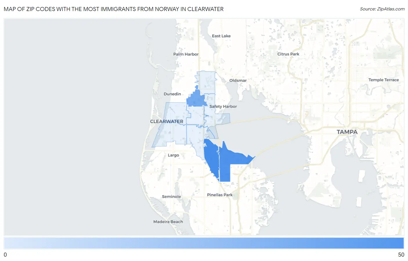 Zip Codes with the Most Immigrants from Norway in Clearwater Map